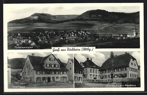 AK Dürbheim /Wttbg., Gasthaus, Schule und Rathaus, Totalansicht