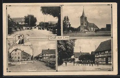 AK Linx, Gasthaus zur Krone, Gasthaus zum grünen Baum, Hanauer Volkstracht