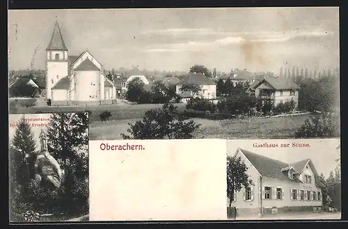 AK Oberachern, Gasthaus zur Sonne, Christusstatue, Ortspartie mit Kirche