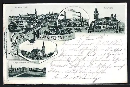 Lithographie Neunkirchen /Bez. Trier, Bergmann`s Lazarett, Hochöfen, Evangelische Kirche