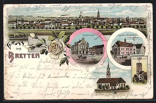 Lithographie Bretten, Rathaus u. Melanchthons Geburtshaus Kriegerdenkmal, Pfeifturm, Stiftskirche