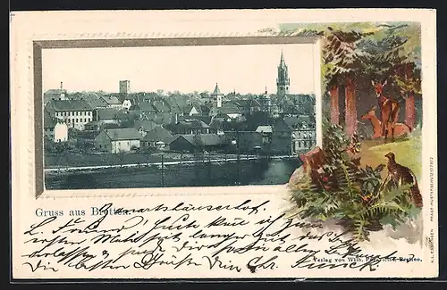 AK Bretten, Teilansicht mit Blick zur Kirche, Rehe im Wald