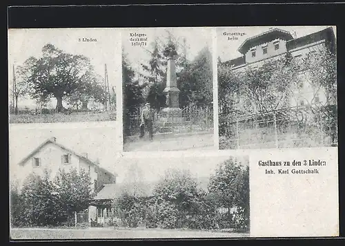 AK Neuenhain a. T., Gasthaus zu den 3 Linden, Genesungsheim, Kriegerdenkmal 1870-71