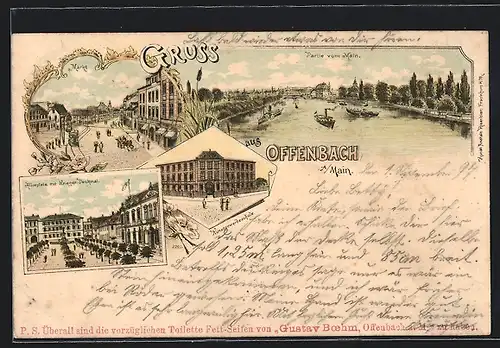 Lithographie Offenbach a. Main, Kunstgewerbeschule, Aliceplatz mit Krieger-Denkmal, Markt