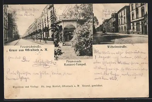 AK Offenbach a. M., Promenade u. Konzert-Tempel, Friedrichstrasse, Wilhelmstrasse