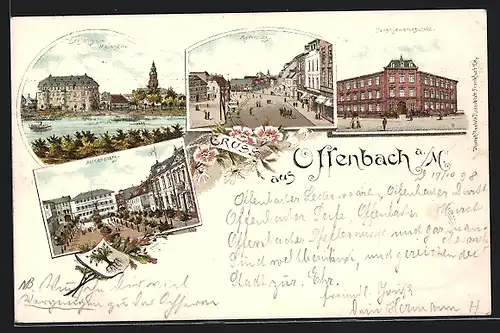 Lithographie Offenbach a. M., Schloss von der Mainseite, Kunstgewerbeschule, Marktplatz