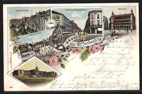 Lithographie Offenbach / Main, Schloss, Marktplatz mit Strassenbahn, Frankfurterstr.