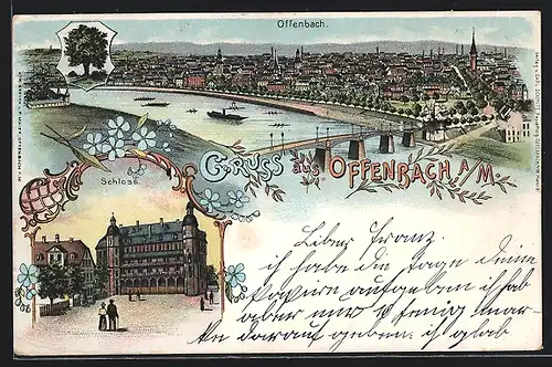 Lithographie Offenbach a. M., Gesamtansicht mit Mainbrücke, Schloss, Wappenbild