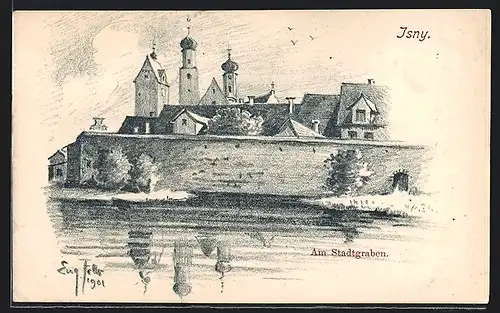 Künstler-AK Isny, Am Stadtgraben mit Kirche