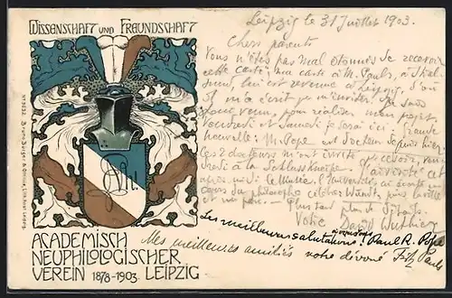 Lithographie Leipzig, Academisch Neuphilologischer Verein 1878-1903, Wissenschaft & Freundschaft, Ritterhelm mit Wappen