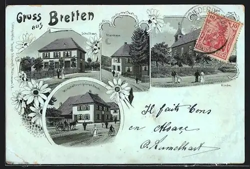 Mondschein-Lithographie Bretten, Gasthaus zum grünen Baum, Kirche, Pfarrhaus