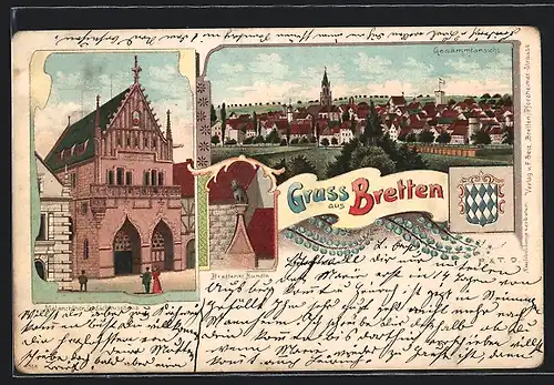 Lithographie Bretten, Melanchthon-Gedächtnishaus, Brettener Hundle, Gesamtansicht