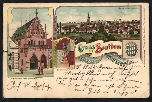 Lithographie Bretten, Melanchthon-Gedächtnishaus, Brettener Hundle, Gesamtansicht