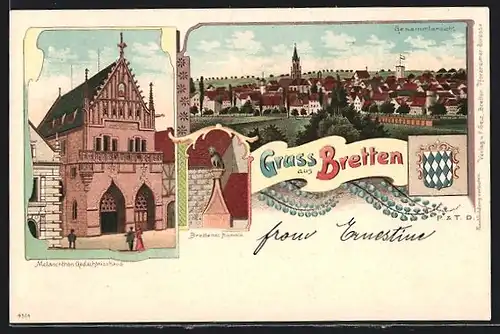 Lithographie Bretten, Gesamtansicht, Melanchthon-Gedächtnishaus, Brettener Hundle