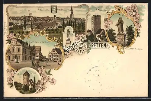 Lithographie Bretten, Simel-Turm, Pfeiferturm, Marktplatz mit Rathaus