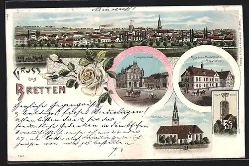 Lithographie Bretten, Stiftskirche, Rathaus u. Melanchtons- Geburtshaus, Kriegerdenkmal
