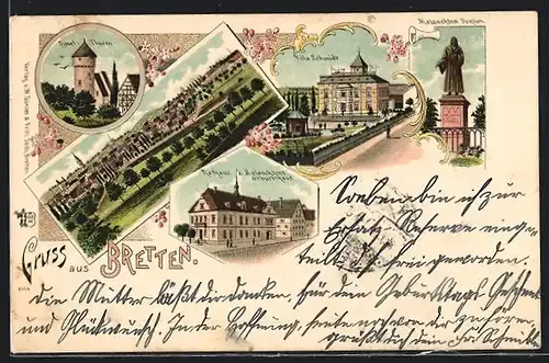 Lithographie Bretten, Villa Schmidt, Melanchton Denkmal, Simelturm, Rathaus & Melanchtons Geburtshaus, Ortsansicht