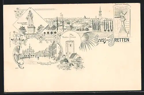 Lithographie Bretten, Rathaus mit Marktplatz, Brettener Hundle, Pfeiferturm