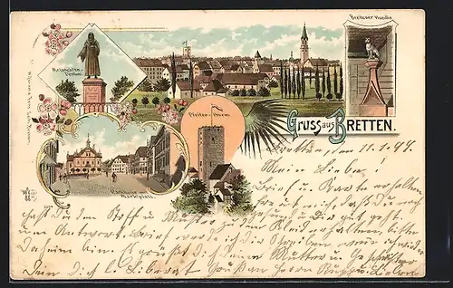 Lithographie Bretten, Rathaus mit Marktplatz, Pfeiferturm, Brettener Hundle