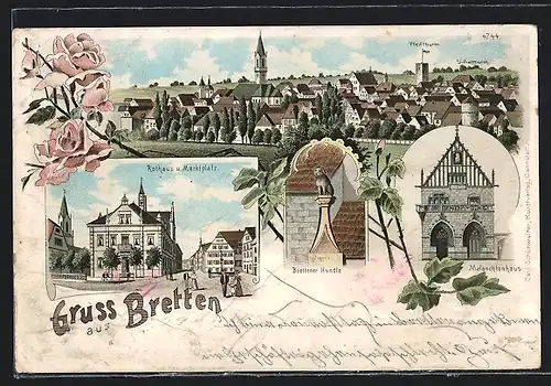 Lithographie Bretten, Rathaus & Marktplatz, Brettener Hundle, Melanchtonhaus
