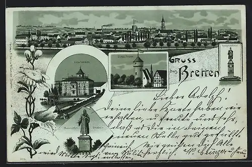 Mondschein-Lithographie Bretten, Villa Schmidt, Simel-Turm, Kriegerdenkmal