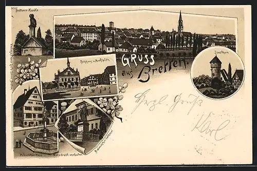 Lithographie Bretten, Melanchton-Haus, Rathaus & Marktplatz, Simelturm