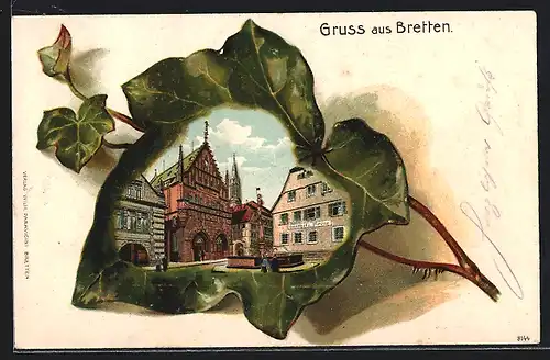 Passepartout-Lithographie Bretten, Marktplatz mit Gasthaus zur Krone, Weinblatt