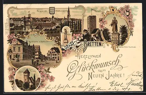 Lithographie Bretten, Simel-Turm, Pfeiferturm, Marktplatz mit Rathaus