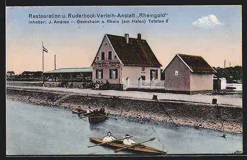 AK Gernsheim a. Rhein, Restaurant u. Ruderboot-Verleih-Anstalt Rheingold am Hafen