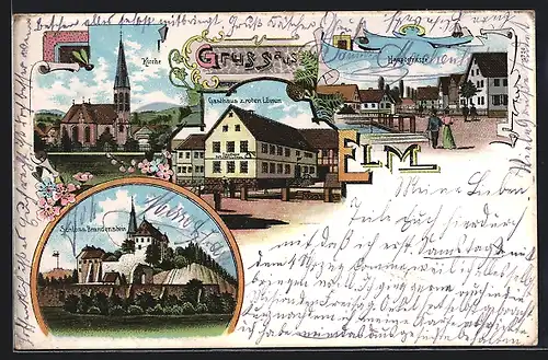 Lithographie Elm, Gasthaus zum roten Löwen, Hauptstrasse, Kirche