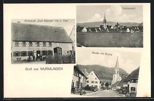 AK Wurmlingen, Gasthaus Zum Sternen, Strassenpartie mit Kirche, Totalansicht