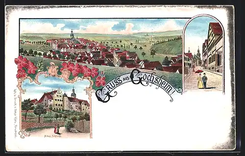 Lithographie Gochsheim, Teilansicht, Altes Schloss, Strassenpartie