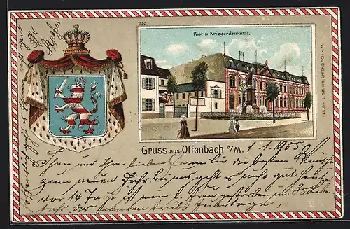 Lithographie Offenbach a. M., Post und Kriegerdenkmal, Wappen