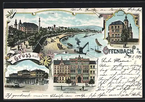 Lithographie Offenbach a. M., Handelsschule, Bahnhof und Schloss
