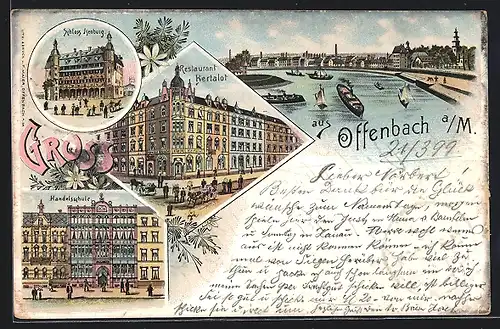 Lithographie Offenbach a. M., Restaurant Bertalot, Handelsschule und Schloss Isenburg