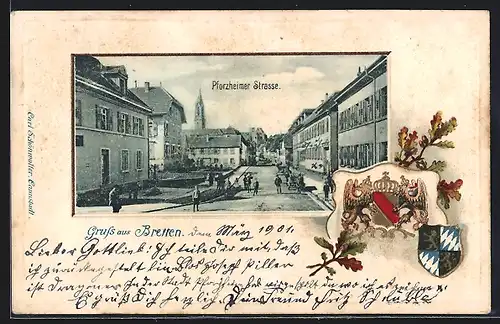 Passepartout-Lithographie Bretten, Die Pforzheimer Strasse, Wappen
