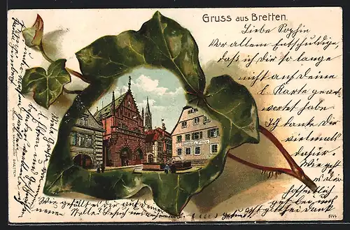 Passepartout-Lithographie Bretten, Marktplatz mit Gasthaus zur Krone, Weinblatt