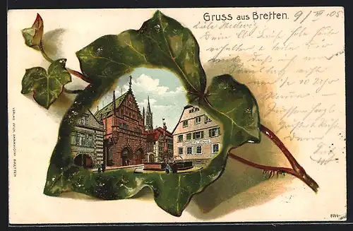 Passepartout-Lithographie Bretten, Marktplatz mit Gasthof z. Krone im Eichenblatt