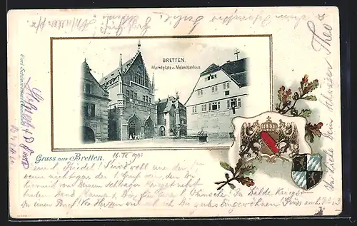 Passepartout-Lithographie Bretten, Marktplatz mit Melanchtonhaus, Wappen