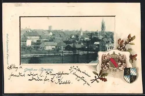 Passepartout-Lithographie Bretten, Ortsansicht mit Flusslauf, Wappen