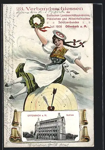 AK Offenbach a. M., 23. Verbandsschiessen d. Badischen Landesschützenvereins Juli 1908, Zielscheibe und Schloss