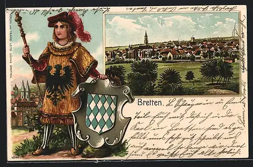 Passepartout-Lithographie Bretten, Totalansicht, Edelmann mit Schild und Wappen