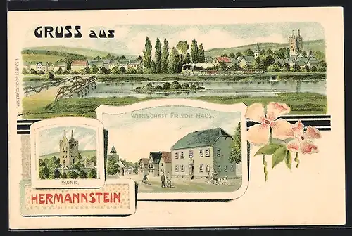 Lithographie Hermannstein, Gasthaus Friedrichs Haus, Ruine, Blick zum Ort, Eisenbahn, Pferdekutsche