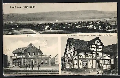 AK Heinebach, Bahnhof und Colonialwaren, Eisen-Dielen, Salzniederlage von K. Horn