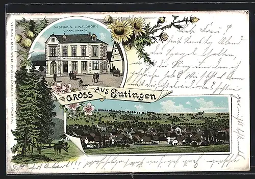 Lithographie Eutingen, Gasthaus z. Waldhorn von Karl Umbach, Gesamtansicht, Gelbe Margerithen