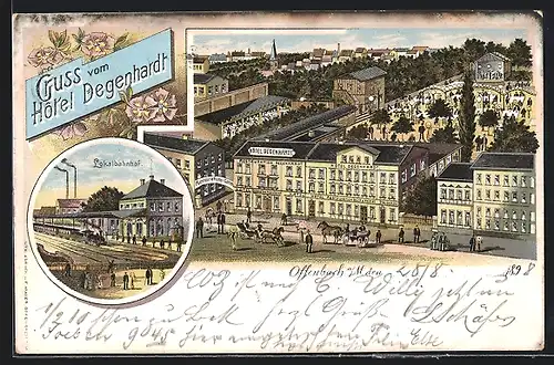 Lithographie Offenbach, Lokalbahnhof, Hotel Degenhardt