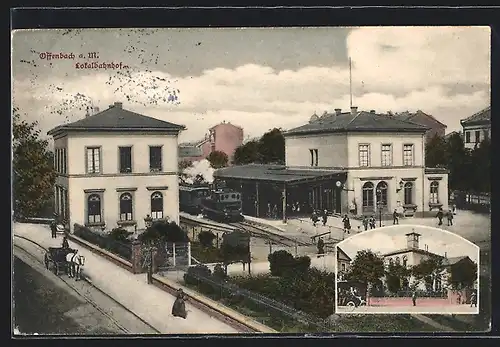 AK Offenbach a. M., Der Lokalbahnhof aus der Vogelschau, Dampfeisenbahn im Bahnhof