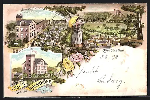 Lithographie Offenbach a. M., Gruss aus dem Hotel Rosenhöhe, Das Gartenrestaurant aus der Vogelschau, Frau mit Schirm