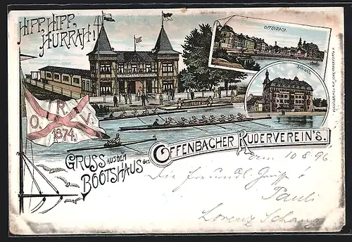Lithographie Offenbach a. M., Gruss aus dem Bootshaus des Offenbacher Rudervereins, Stadtansicht, Schloss