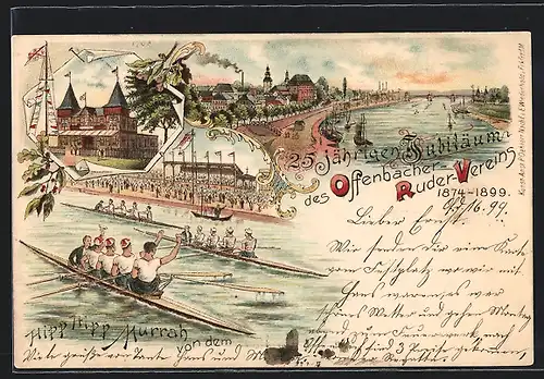Lithographie Offenbach, Flusspartie beim 25. jähriges Jubiläum des Ruder-Vereins